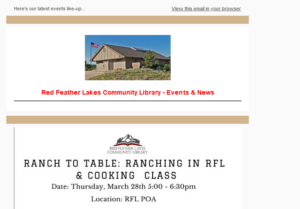 Screenshot of the Red Feather Library weekly news and announcement list.