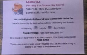 Ladies Tea at Morning Star Community Church, 11a-1p. Speaker: Karen Carlson, "Oh, how he loves us". Contact Adriane Miller (970-388-6921) or Becci McKinney (813-241-5600) for more information.