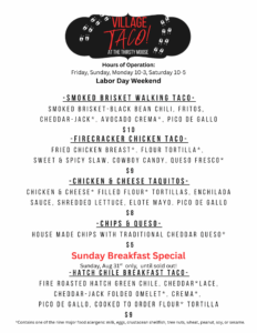 Village Taco menu for Aug. 29-31.