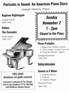 Piano recital to be held Sunday, November 2, 2025 at Chapel in the Pines. Free event, donations accepted.