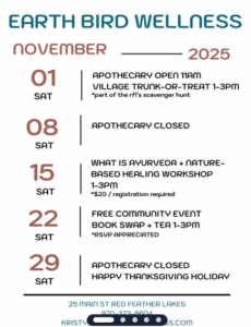 Earth Bird Wellness calendar for November 2025